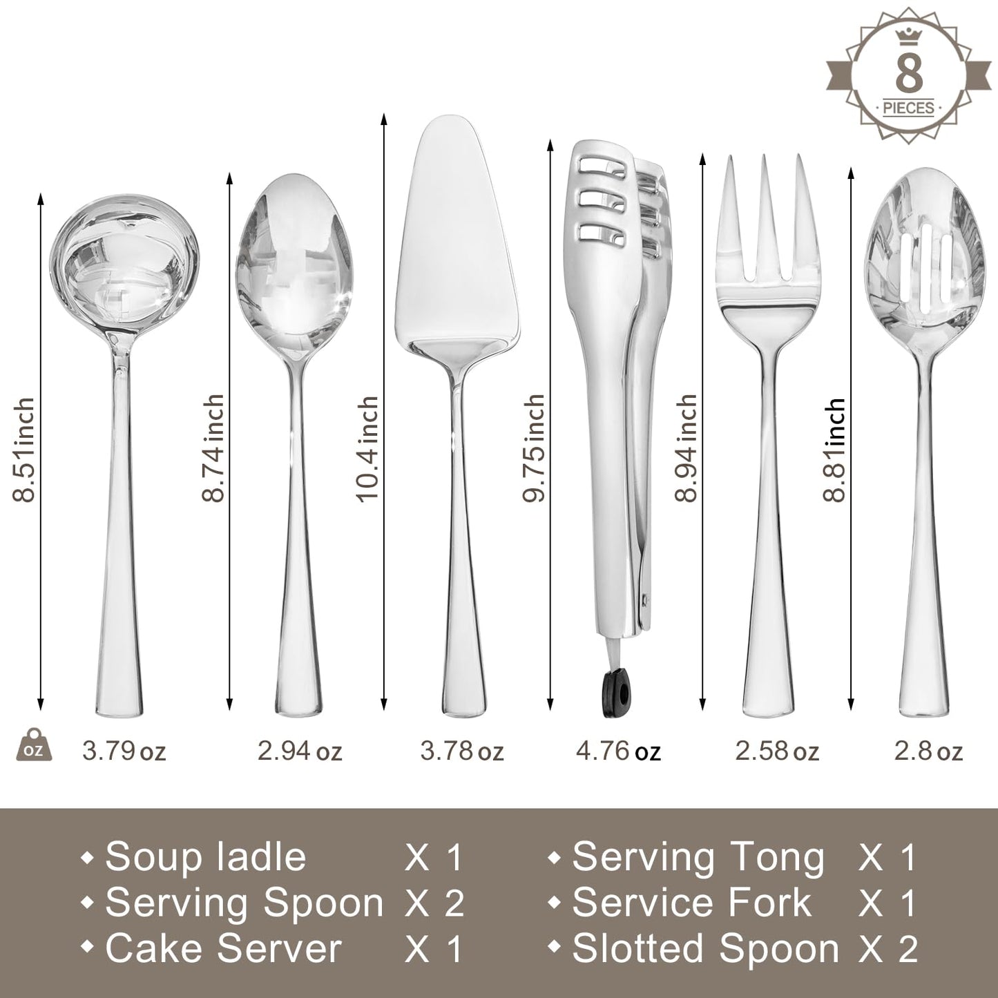 KINGSTONE 8 Piece Serving Utensils Set, 18/10 Stainless Steel Serving Utensils, Slotted Spoon, Serving Spoon, Fork, Tong, Soup Ladle, Cake Server for Buffet, Parties, Kitchen