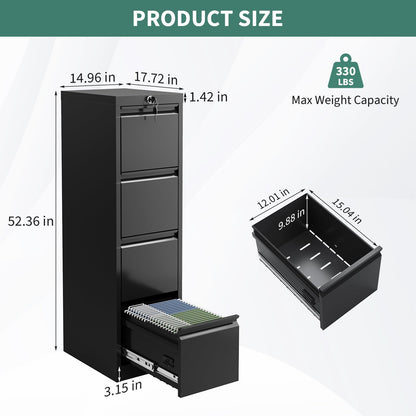 4 Drawer Vertical File Cabinet, Cold-Rolled Steel Locking Filing Cabinet with Anti-Tilt System, 330 Lbs Weight Capacity, Powder Coated Black, for Letter/Legal/A4/F4 Files, Home Office Commercial Use