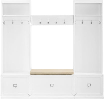 Crosley Furniture Harper 4-Piece Hall Tree, Storage Bench, and Wall Shelf Set with Coat Rack Hooks for Hanging, White