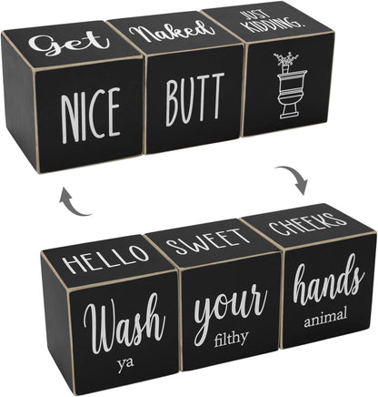 Farmhouse Bathroom Decor, Cute Funny Wooden Signs for Shelf, Rustic Black Bathroom Decor, 4 Sides
