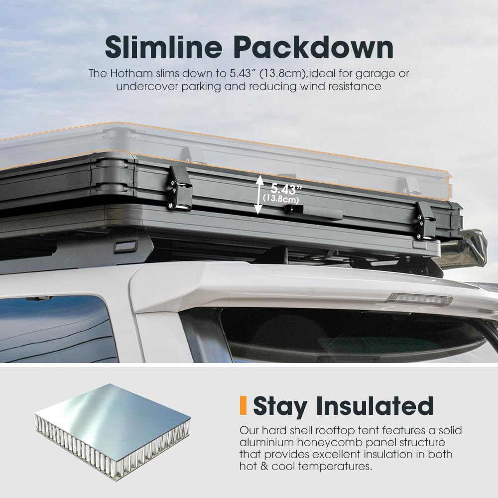 Sanhima Rooftop Tent Hard Shell - Hotham Overland Aluminium Roof Top Tent w/Larger Space, LED Strip Light & Skyview Window, 2” Thick Mattress, for Car SUV Truck Camping, 2-3 People, Khaki
