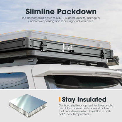 Sanhima Rooftop Tent Hard Shell - Hotham Overland Aluminium Roof Top Tent w/Larger Space, LED Strip Light & Skyview Window, 2” Thick Mattress, for Car SUV Truck Camping, 2-3 People, Khaki