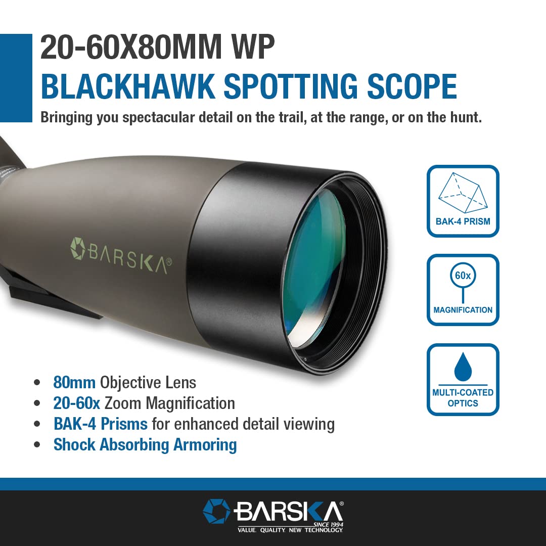 Barska Blackhawk Waterproof 20-60x80 Angled Green Spotting Scope with Tripod for Birding Hunting Shooting Travel Sport Events