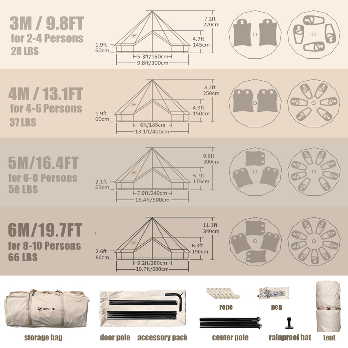 ShinHye Canvas Bell Tent Yurt Tent 4 Seasons for Camping 100% Cotton Glamping Tents with Stove Jack, Family Camping Outdoor Hunting Party (4M- 13.1FT)