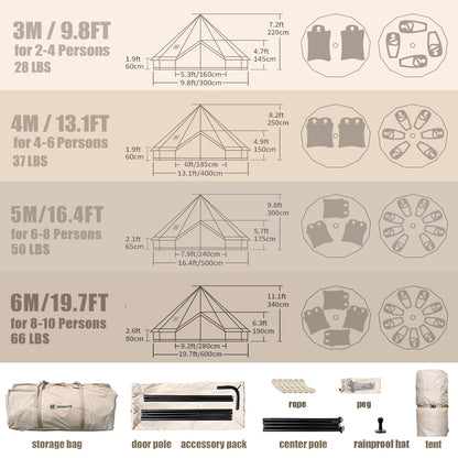 ShinHye Canvas Bell Tent Yurt Tent 4 Seasons for Camping 100% Cotton Glamping Tents with Stove Jack, Family Camping Outdoor Hunting Party (4M- 13.1FT)