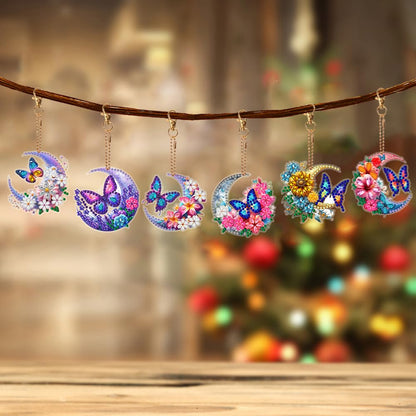 C'eitura 6Pcs Moon & Butterfly Diamond Painting Keychains, Double-Sided Crystal Rhinestone Charms, Mystical Celestial Gifts for Women, Birthday Party Favors