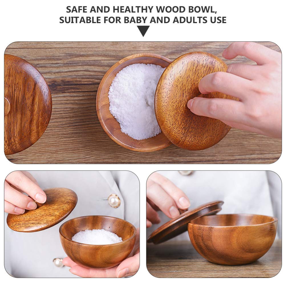 Hemoton Wooden Rice Bowl with Lid 3.14 Inch Acacia Wood Seasoning Bowl Food Container for Kids and Adults Safe Practical Kitchen Dining