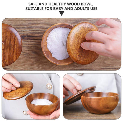 Hemoton Wooden Rice Bowl with Lid 3.14 Inch Acacia Wood Seasoning Bowl Food Container for Kids and Adults Safe Practical Kitchen Dining