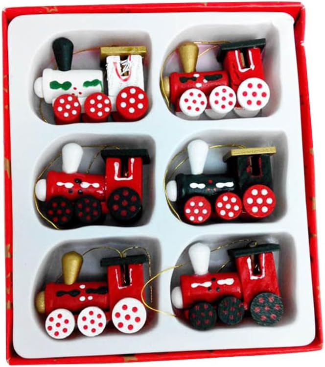 YeahiBaby 6pcs Set, Wooden Christmas Train Mini Painted Train Head Christmas Tree Hanging Ornament for Party Wall Decor