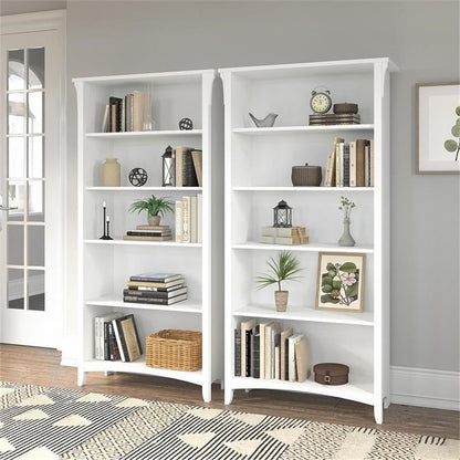 Bush Home Salinas Tall 5 Shelf Bookcase - Set of 2 in Shiplap Gray and Pure White, Vertical Office Storage, Bookshelves for Home Workspace, Multi-Purpose Shelving Units