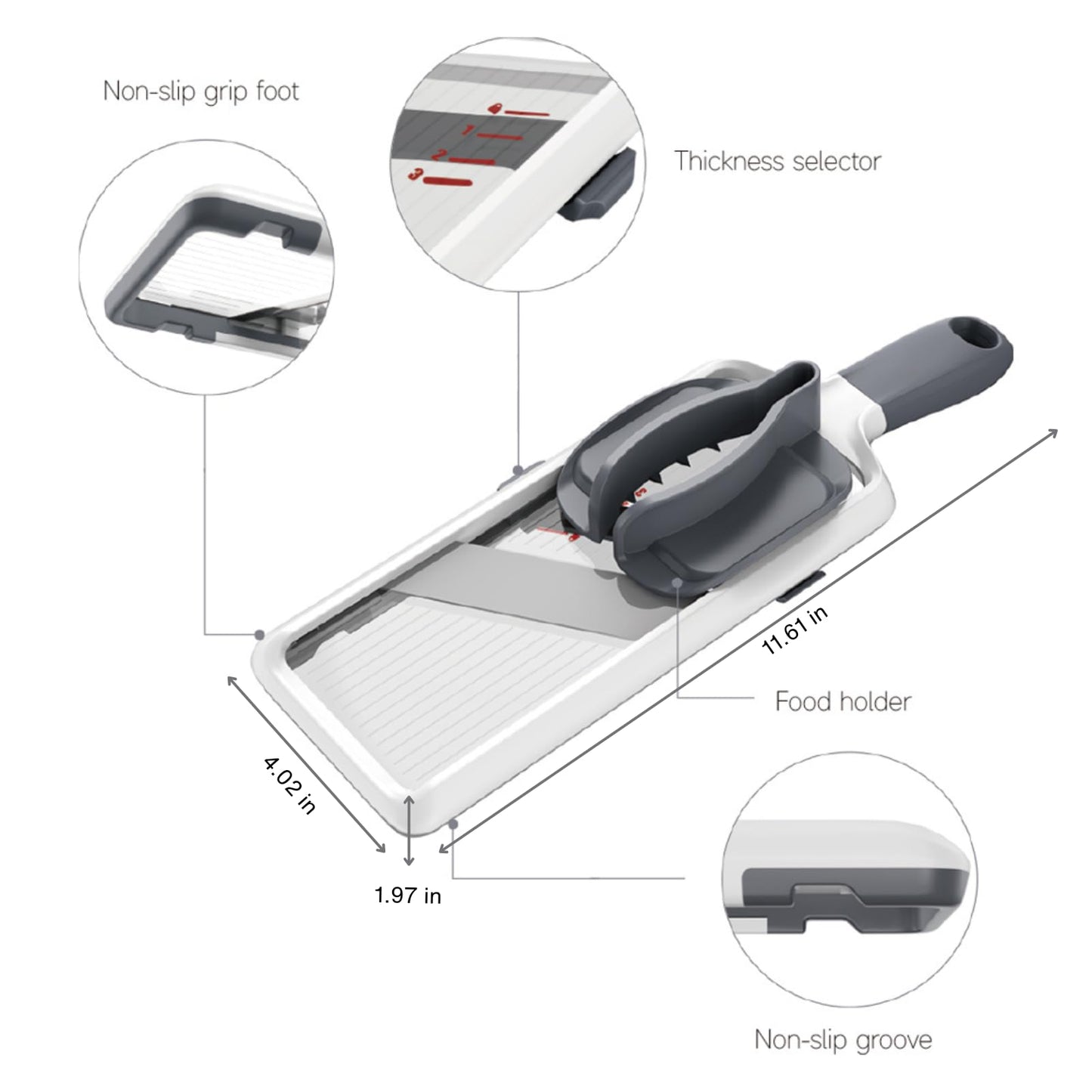 ZKIRON Handheld Mandoline Slicer for Kitchen - Adjustable 3-Thickness Vegetable Slicer (1mm-3mm) with Food Holder - Safe Potato Slicer & Cucumber Cutter for Salad, Easy to Clean (Gray)