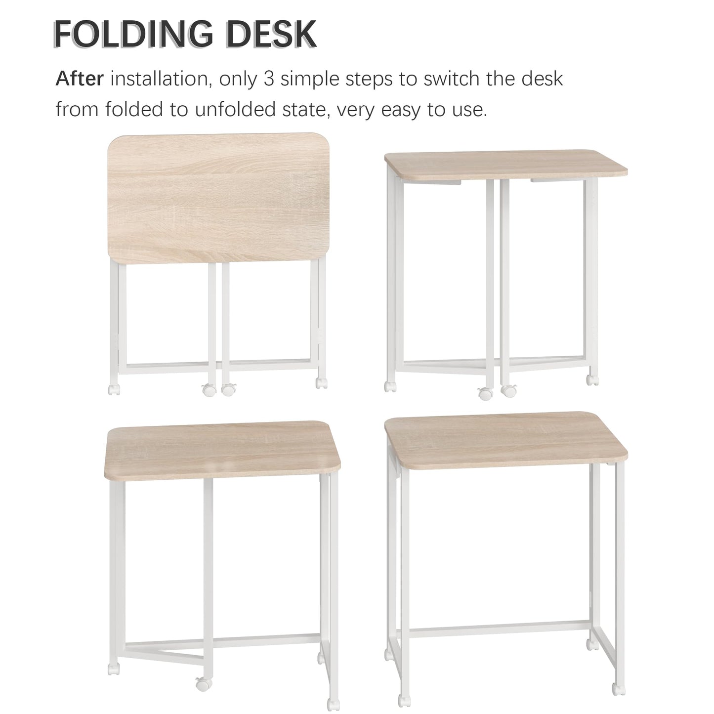 4NM 23.6" Mobile Small Rolling Computer Desk, Folding Laptop Cart Table with Wheels, Portable Office Desk for Small Space Couch Bed - Natural and White