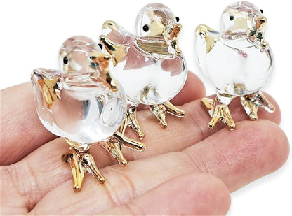 2" 5 Set WitnyStore Tiny Clear Gold Chicken Family Figurine Pieces - Miniature Hand Blown Glass Chickens Hen Rooster