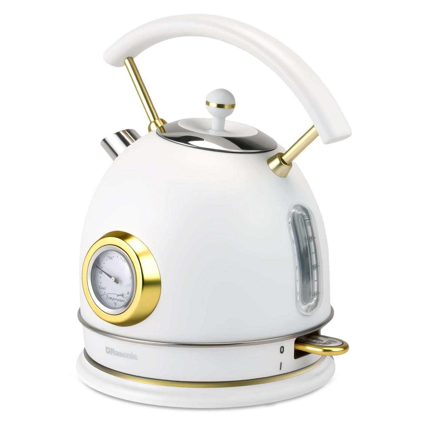 Rasonic Retro Electric Kettle Stainless Steel, 1.8L Tea Water Boiler, 1500W Fast Quiet Boil, Temperature Gauge, Auto Shut-Off, Boil-Dry Protection, White Champagne Gold