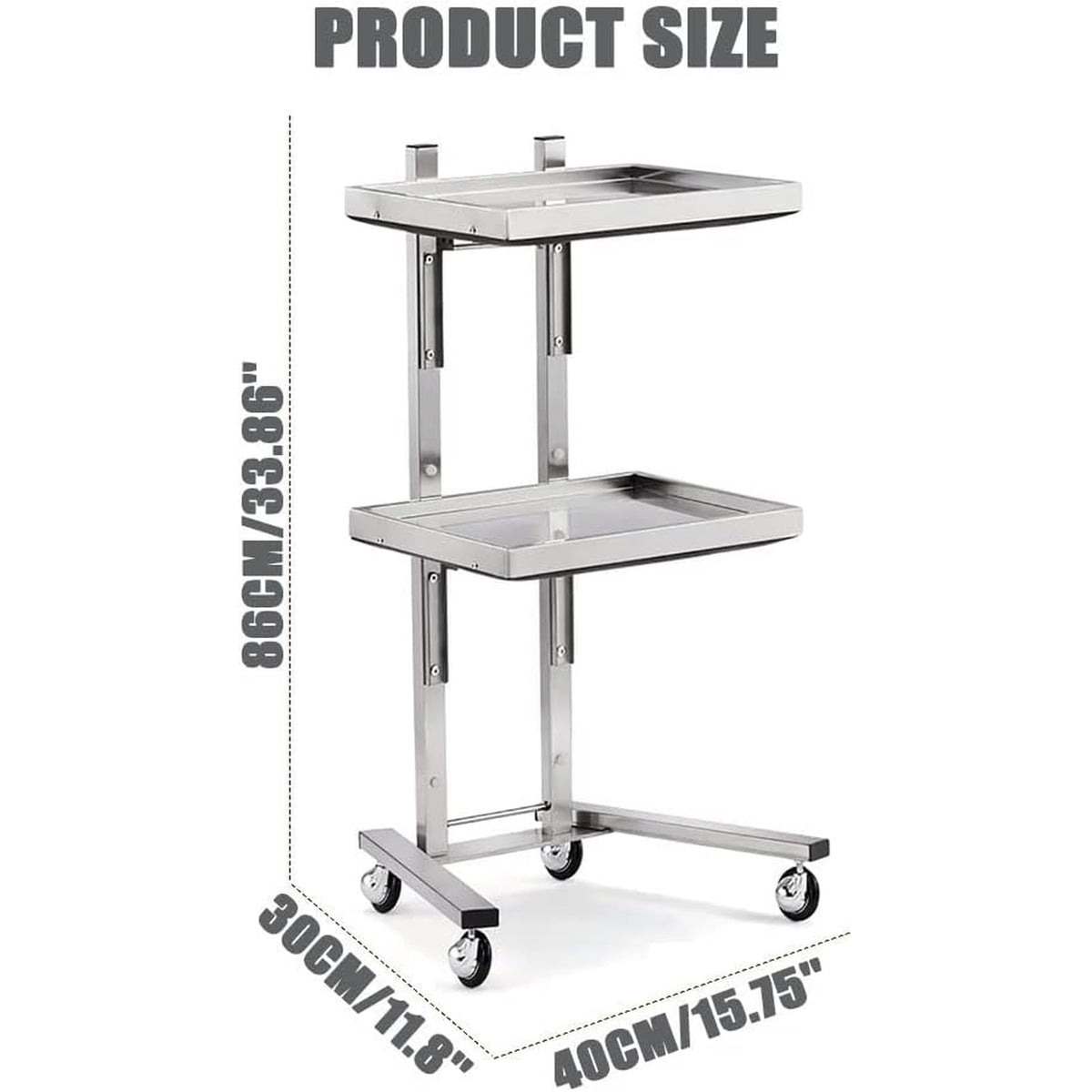 ZGFUSVFD 2-Tier Metal Rolling Cart, Stainless Steel Salon Storage Stand with Wheels Trolley Tray Storage Cart Kitchen Storage Trolley Utility for Bedroom Tattoo Shop, Silver