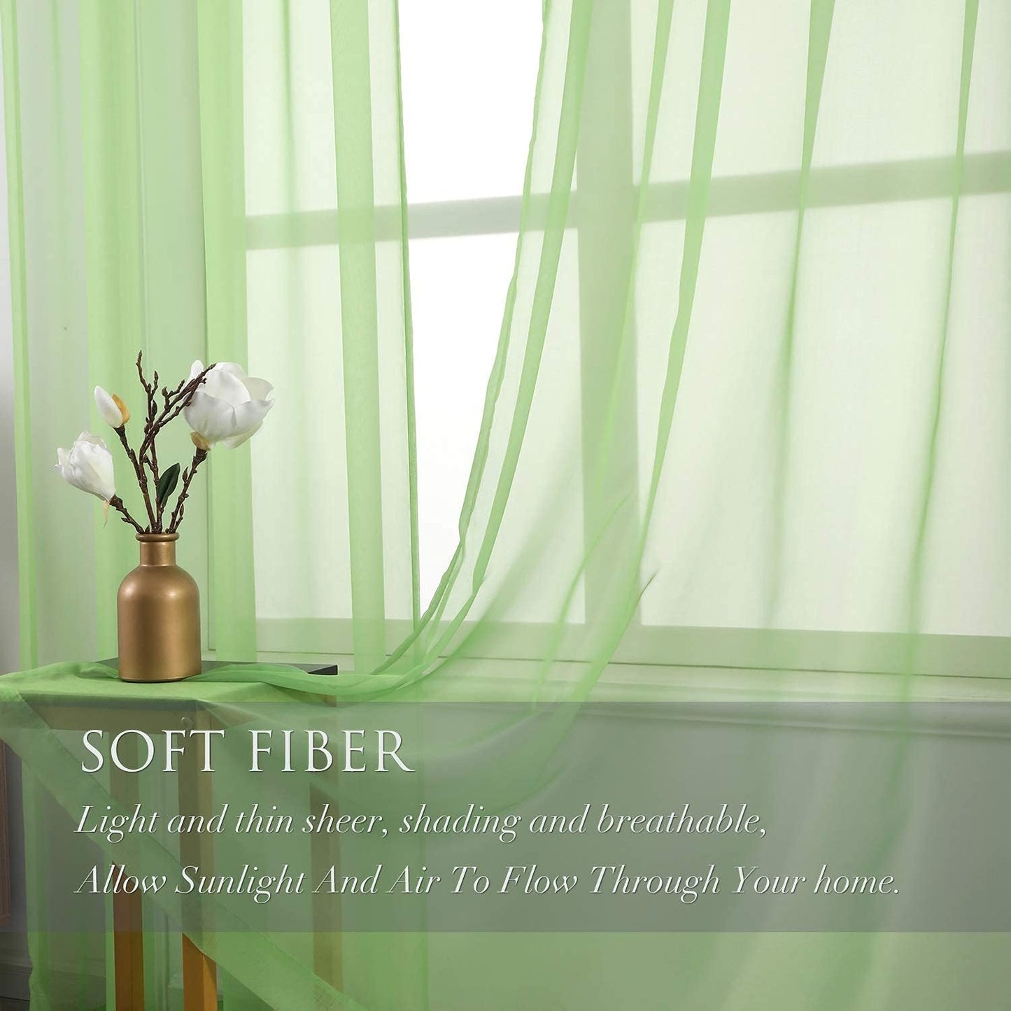 GYROHOME Basic Rod Pocket Sheer Voile Curtain Set of 2 Panels, Sunlight Filtering for Living Room (Green 52x84 inch)
