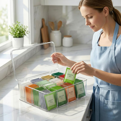 16 Compartment Acrylic Tea Bag Organizer with Lid - Stackable Clear Storage Box for Countertop, Pantry & Cabinet | BPA-Free Dustproof Container for Tea Packets, Coffee Pods, Sugar & Condiment Packets