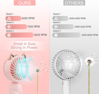 QearFun Mini Hand Held Fan, Portable Lanyard Fan with USB Rechargeable Battery, 3 Speed, 8-12 Hours, Pink & Green