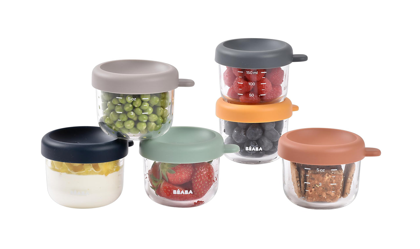 BEABA 6 Pack Glass Baby Food Jars with Soft Silicone Air Tight Lids, 5 oz Glass Storage Containers with Lids, Microwave and Freezer Safe Containers, Sunrise