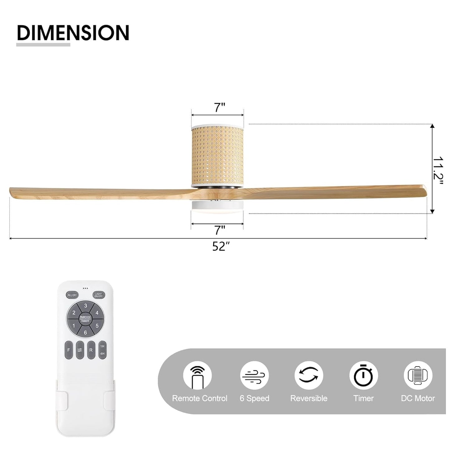 LEDLUX 52" Ceiling Fan with Light - Low Profile Flush Mount Ceiling Fan, 6-Speed Remote Control, Solid Wood, Quiet Reversible DC Motor, Wood/White Finish, for Bedroom, Living Room, Porch