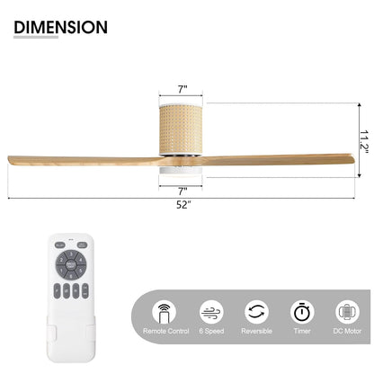 LEDLUX 52" Ceiling Fan with Light - Low Profile Flush Mount Ceiling Fan, 6-Speed Remote Control, Solid Wood, Quiet Reversible DC Motor, Wood/White Finish, for Bedroom, Living Room, Porch