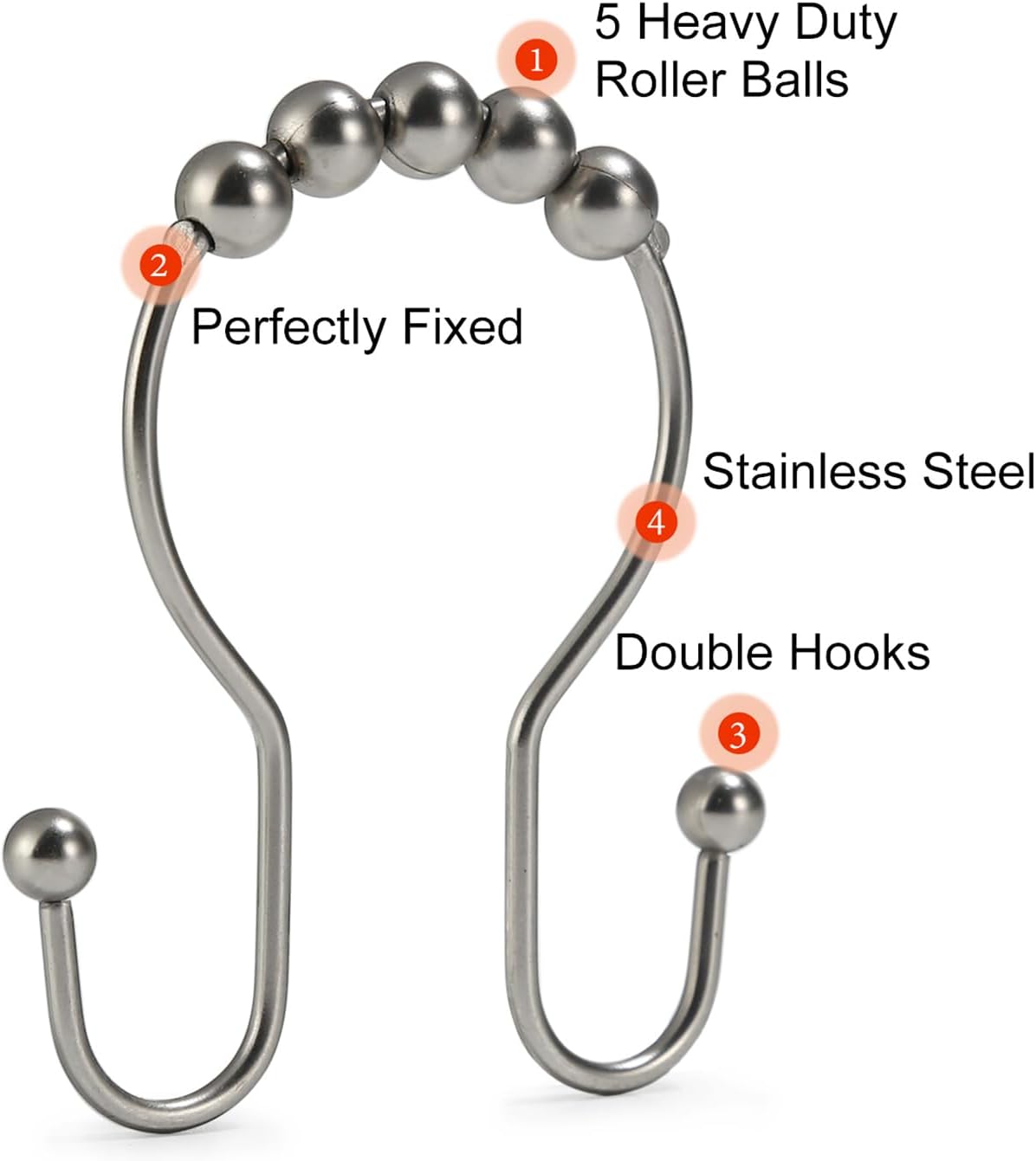 Goowin 12 Pcs Stainless Steel Shower Curtain Hooks, Rust Proof Rings for Smooth Sliding Anti-Drop Double Hooks