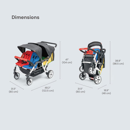 Familidoo H4E Quad Stroller Wagon for Kids, 4-Seater Daycare Baby Stroller with 5-Point Safety Harness, Lightweight & Foldable with All Reclining Seats, Double Canopy & Rain Cover – All-Terrain Wheels