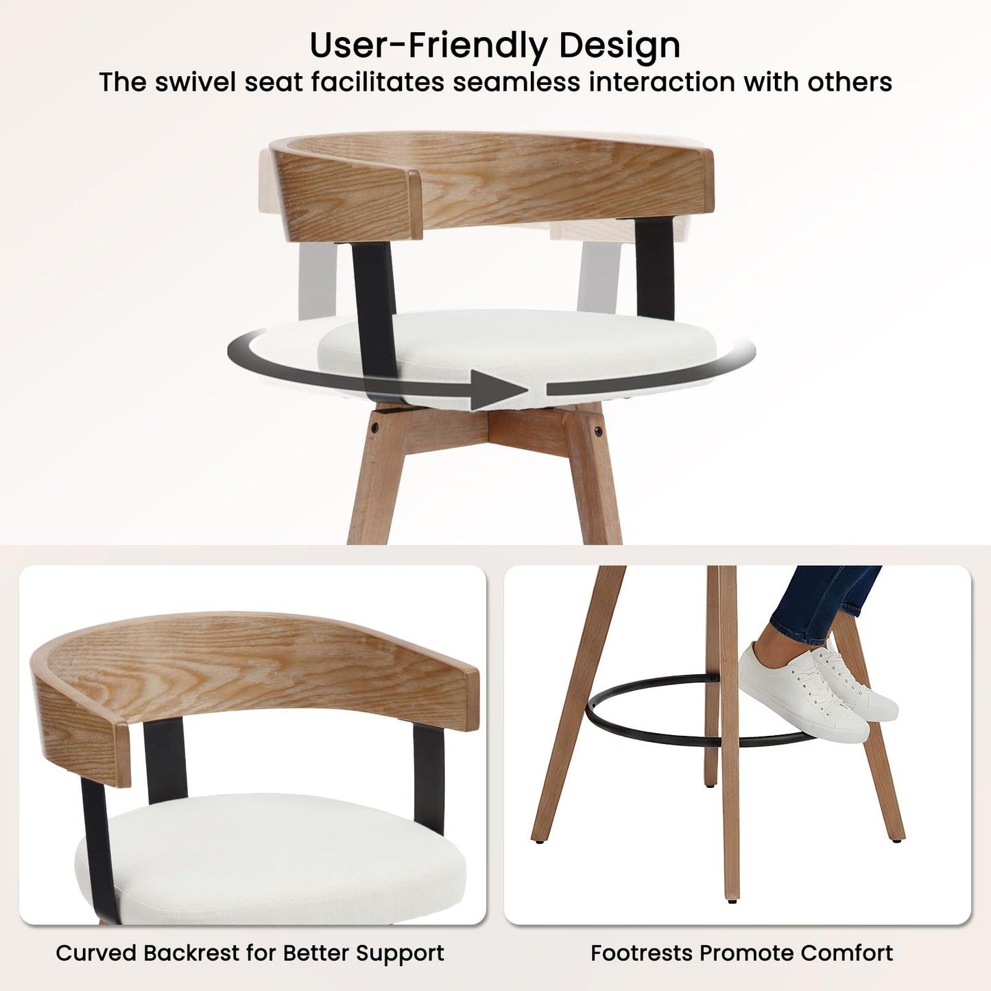 DUOMAY Swivel Bar Stools Set of 2, 26" Counter Height Bar Stool with Footrest Modern Wood Barstools with Linen Upholstered Seat Counter Stools for Kitchen Island Home Bar, White