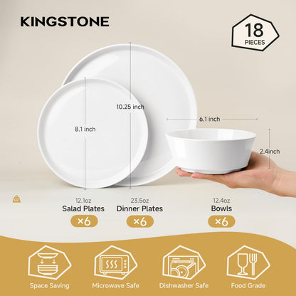 KINGSTONE Bone China Dinnerware Sets for 6, 18-Piece Lightweight Porcelain plates and bowls sets, Scratch Resistant Dish Set, Kitchen Dinner Set, for Home, Party, Gift, Microwave & Dishwasher Safe