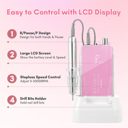 Makartt Nail Drill Professional: 60W 35000RPM Electric Nail File with Coreless Motor, 2 in 1 Desktop & Portable, Drill Bits and LCD Display for Acrylic Gel Nails, Nouvella Pink