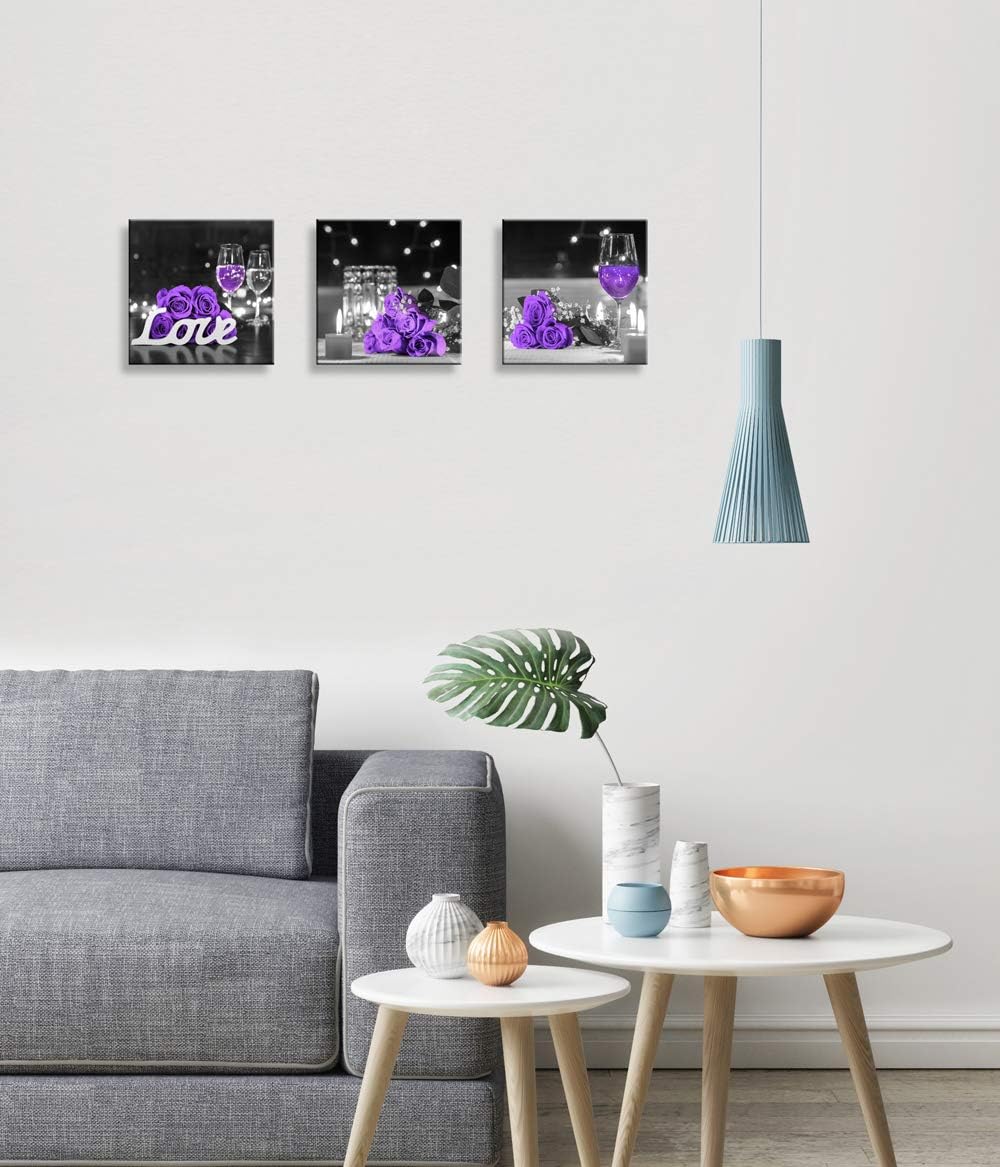 Purple Rose Flower Pictures Wall Art Decor for Kitchen, Wine Glass, Candle, Love, 3 Piece Canvas Prints Set 12x12inch