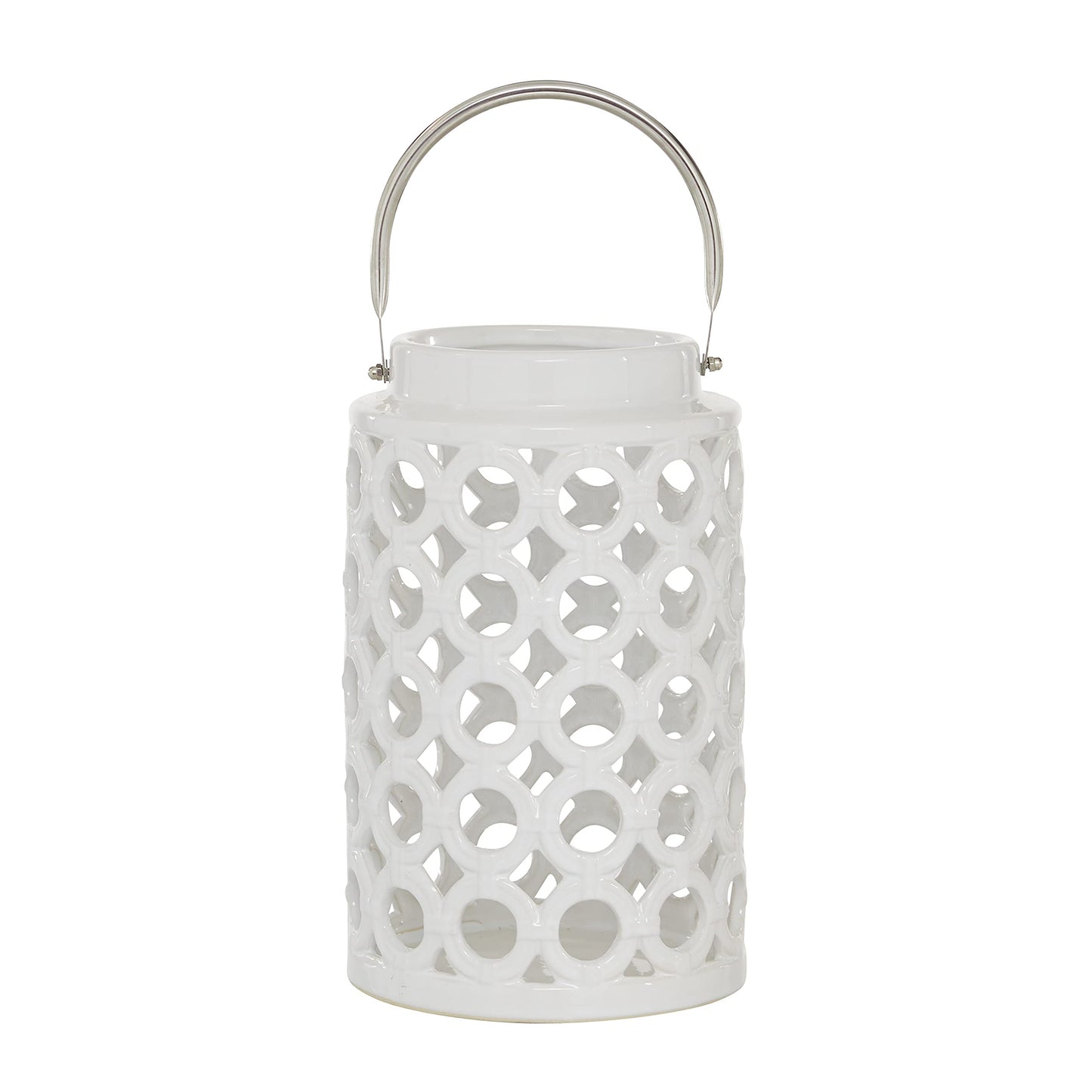 Deco 79 Ceramic Circles Decorative Candle Lantern with Cut Out Design, 8" x 9" x 8", White