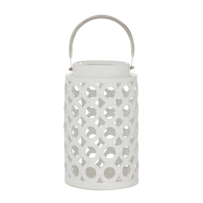 Deco 79 Ceramic Circles Decorative Candle Lantern with Cut Out Design, 8" x 9" x 8", White
