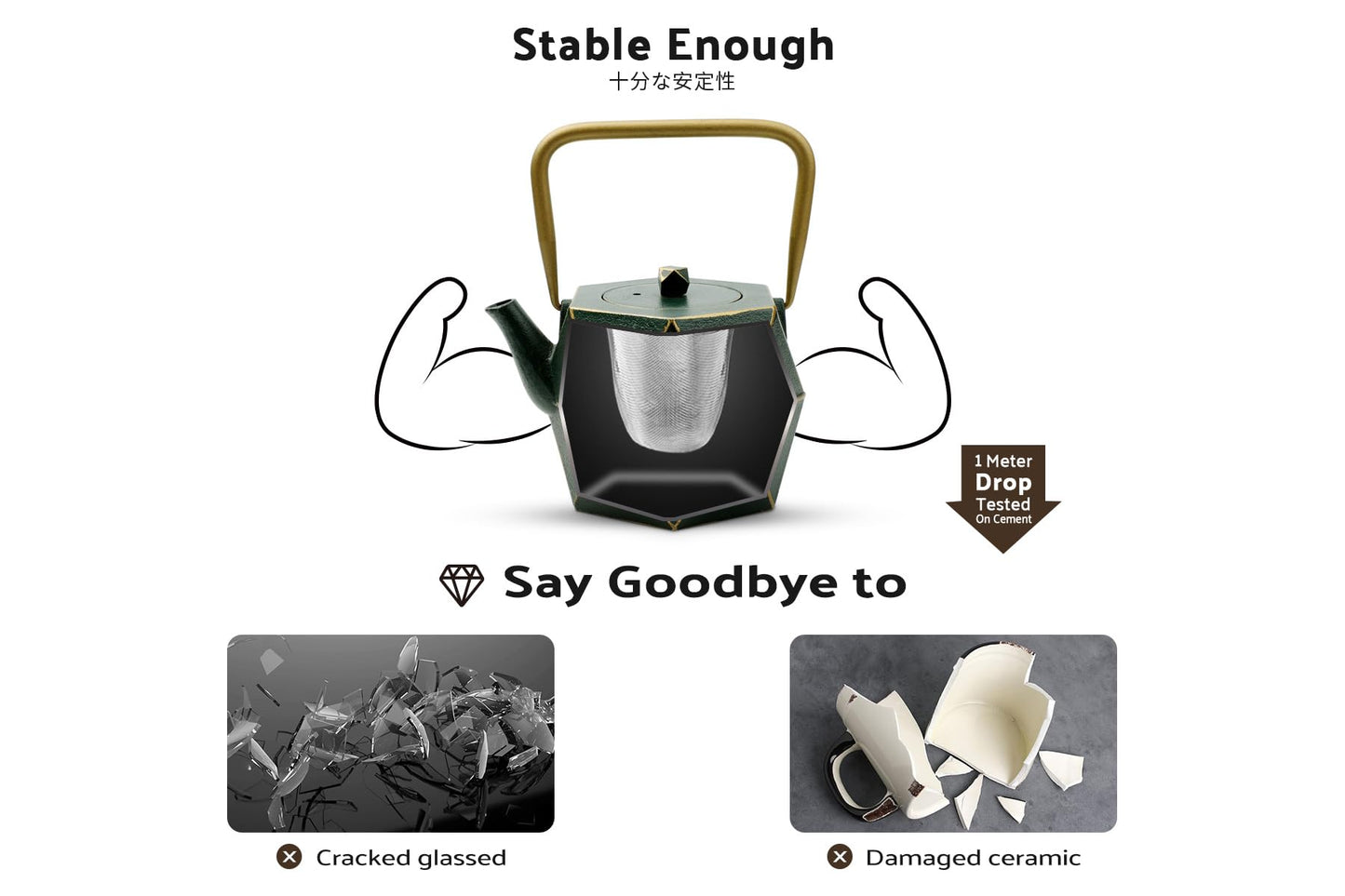 Toptier Cast Iron Teapot, Stovetop Safe Japanese Cast Iron Tea Kettle, Diamond Design Tea Pot with Removable Infuser for Loose Tea, 30 Ounce (900 ml), Dark Green