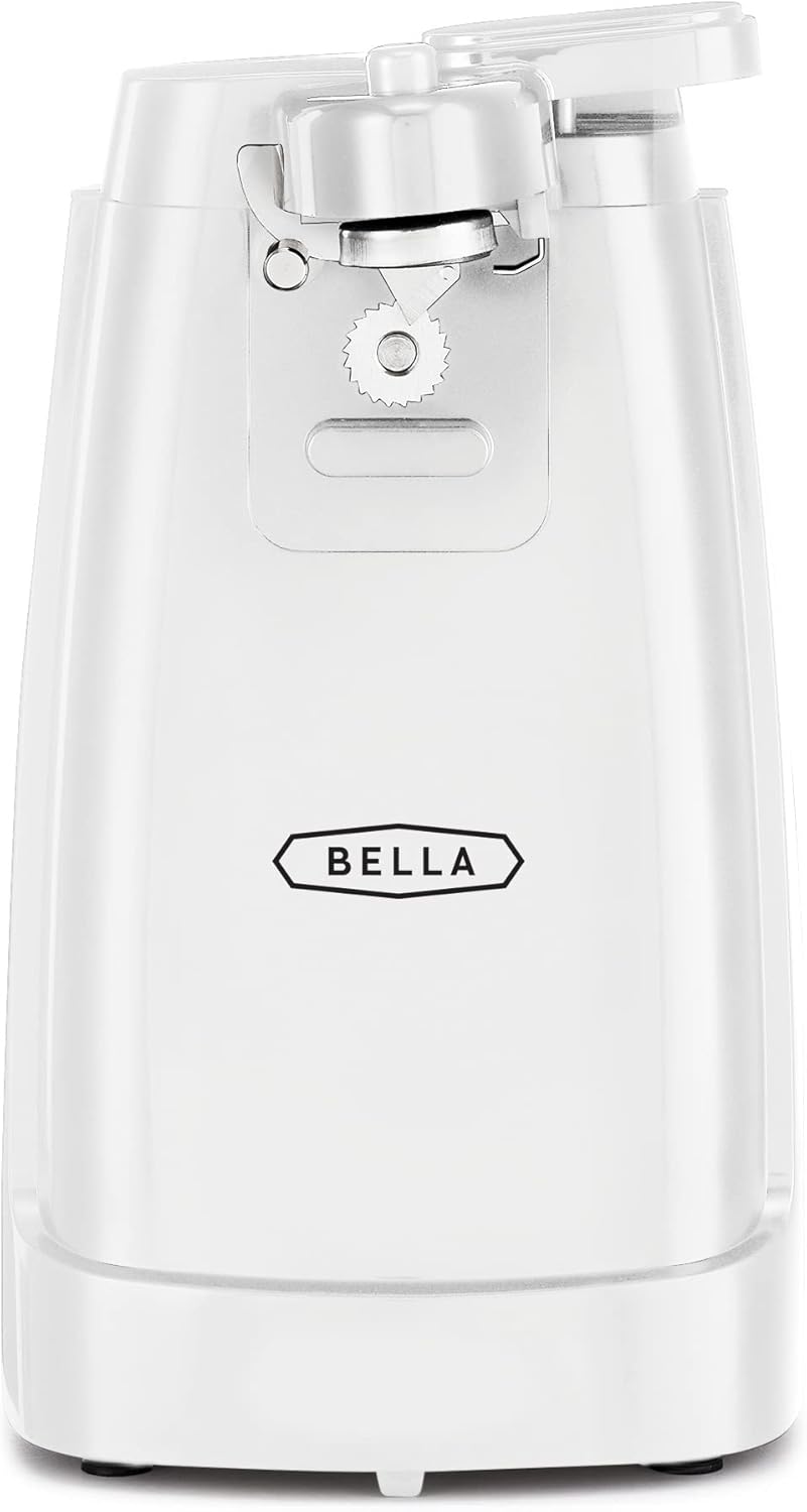 BELLA Electric Can Opener and Knife Sharpener, Multifunctional Jar and Bottle Opener with Stainless Steel Blade, White