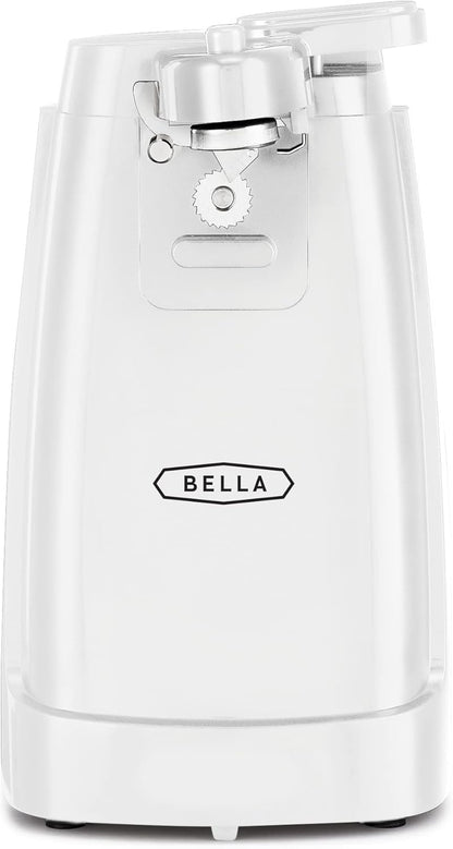 BELLA Electric Can Opener and Knife Sharpener, Multifunctional Jar and Bottle Opener with Stainless Steel Blade, White
