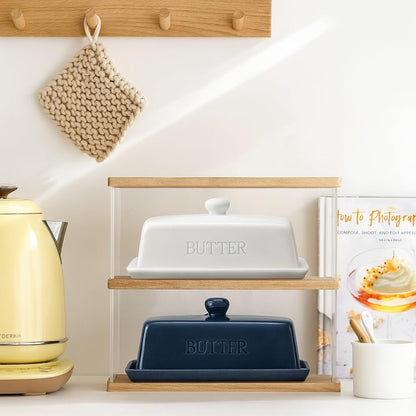 Butter Dish with Lid,WERTIOO Butter Dish With Lid for Countertop,7.6" x 3.3" Butter Tray,Butter Holder for 1 Stick.Textured Tray Butter Keeper for Non Slip Storage,Ceramic - White