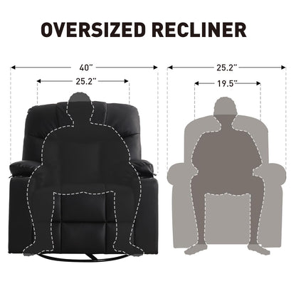 Bonzy Home Oversized Swivel Rocker Recliner, 40" Rocking Recliner Chair with Heated and Massage, PU Leather Single Sofa with Swivel Function, 2 Cup Holders for Living Room Bedroom, Black