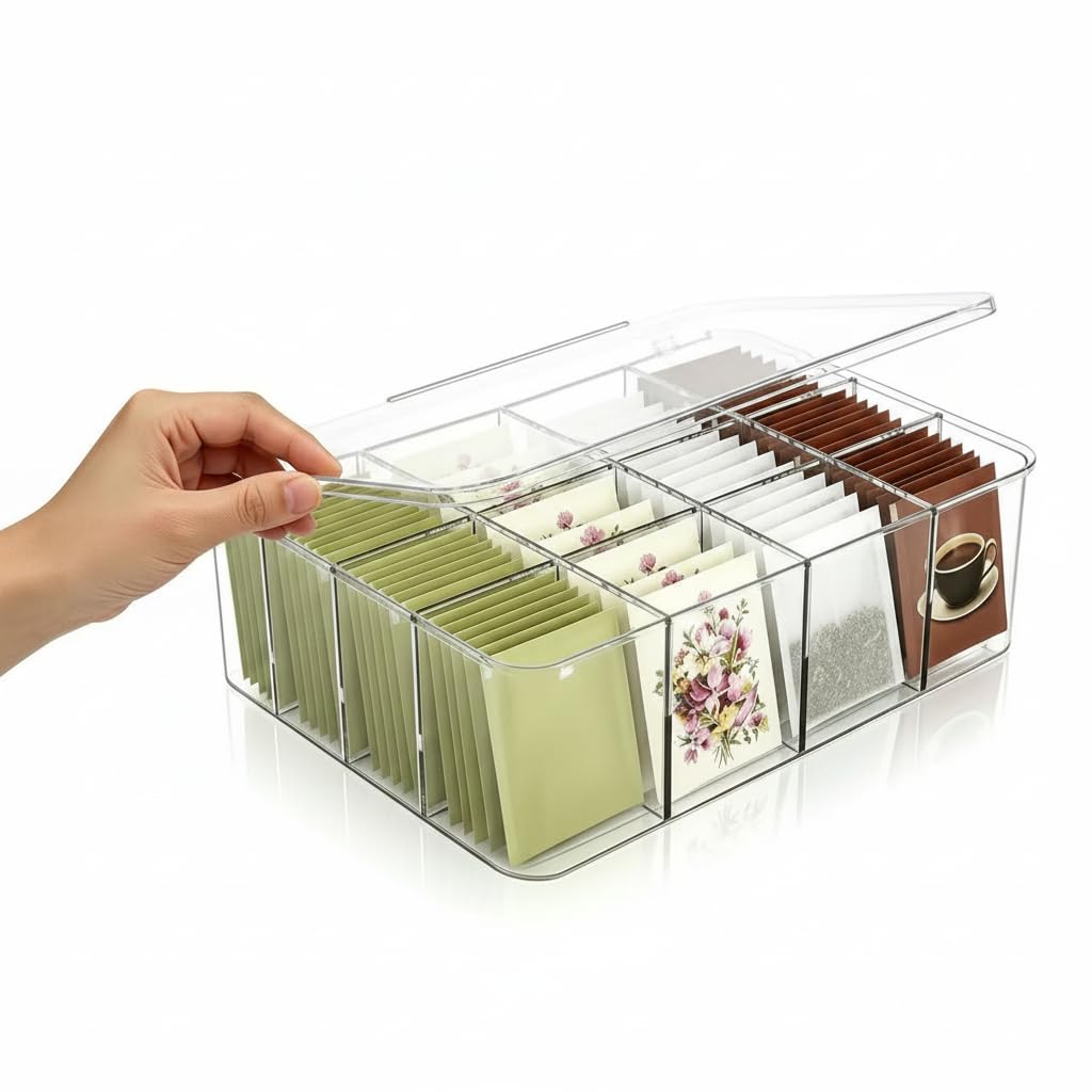 16 Compartment Acrylic Tea Bag Organizer with Lid - Stackable Clear Storage Box for Countertop, Pantry & Cabinet | BPA-Free Dustproof Container for Tea Packets, Coffee Pods, Sugar & Condiment Packets
