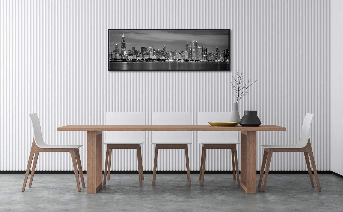 Wieco Art New York Manhattan Night View in Black and White Giclee Canvas Prints Modern Stretched and Framed Art work Cityscape Pictures Paintings on Canvas Wall Art for Bedroom Home Decorations