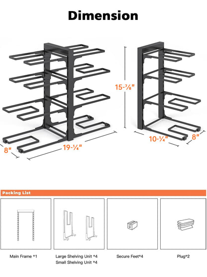 MUDEELA 8-Tier Pots and Pans Organizer under Cabinet, 15.83" Height Heavy Duty Pot Pan Organizer Kitchen Cabinet Organization and Storage, Adjustable Pot Rack for Frying Pan, Cast Iron Skillet, Black