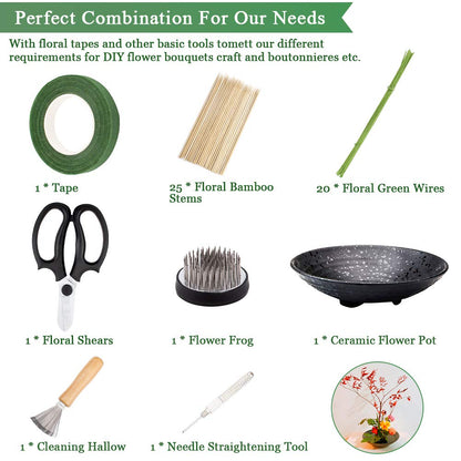 WANDIC Flower Arrangement Kit, Set of 51, Round Flower Holders, Ceramic Flower Pot, Kenzan Needle Cleaning Pin & Rake, Floral Stems and Floral Tape for Flower Arranging Art