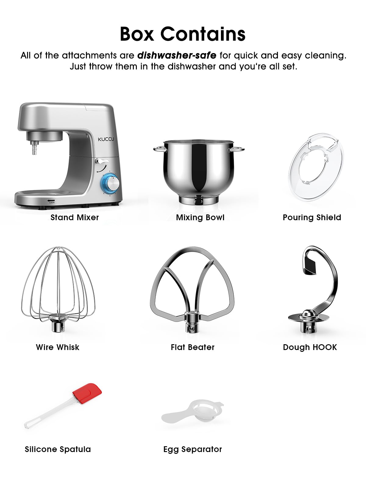 9.5 QT Double Handle KUCCU Stand Mixer, 6 Speed with Pulse Electric Kitchen Mixer, 660W Tilt-Head Food Mixer with Dishwasher-Safe Dough Hook, Flat Beater, Whisk, Splash Guard for home baking (Silver)
