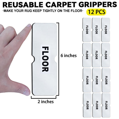 Rug Non Slip Grippers, Reusable Rug Tape, No Damaging for Hardwood Floors, Carpet Grippers Stickers Pads for Area Rugs Corners Flat, 12Pcs