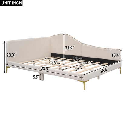 Ball & Cast Full Size Daybed with Golden Metal Legs,Linen Upholstered Daybed Frame with Nailhead Trim and Wood Slat Support,No Box Spring Needed,Beige
