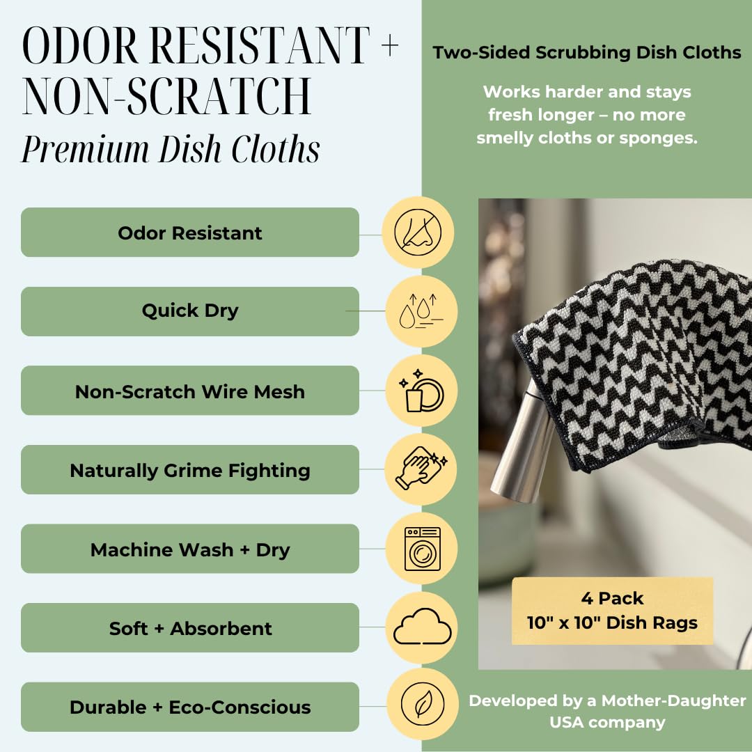 Severn Dish Cloths for Washing Dishes 4pk. Odor-Resistant Dish Rags with Non-Scratch Wire Scrubber Side for Kitchen Cleaning. Grime-Fighting Bamboo-Charcoal Microfiber 2-Sided Dishrags. Machine Wash