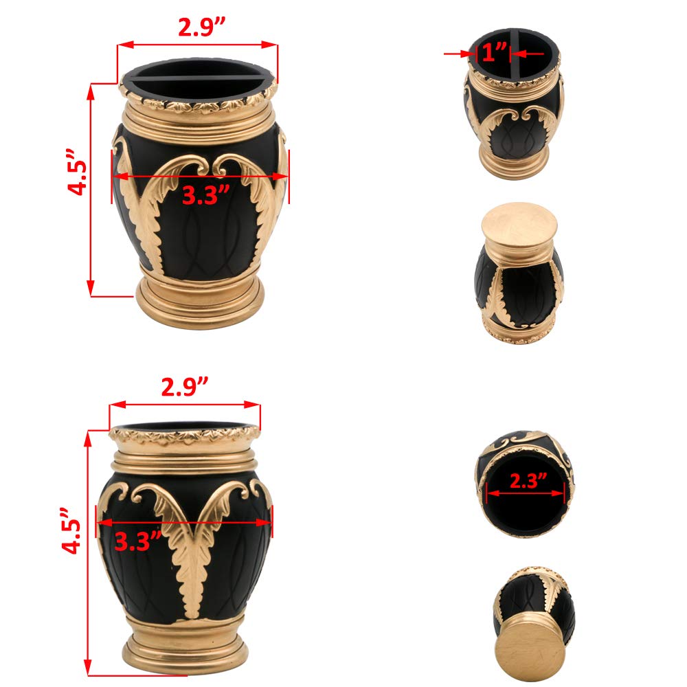 LUANT 4 Pieces Bathroom Accessory Set Including Tumbler, Toothbrush Holder, Soap Dish and Soap Dispenser, Black with Gold