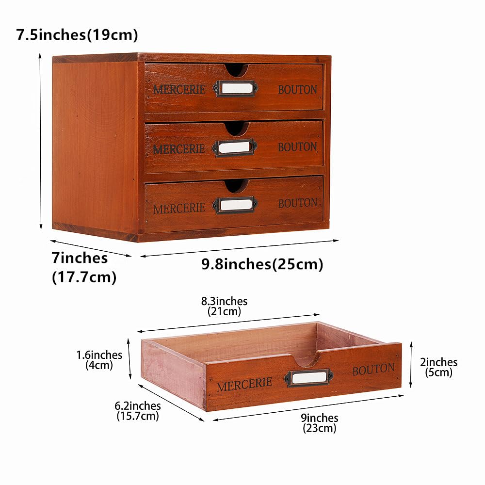PACKGILO Wooden Storage Box Rustic Desktop Organizer with 3 Drawers Office Desk Accessories Shelf Small Craft Storage Containers Apothecary Cabinet and Chest Jewelry Holder for women(BROWN)