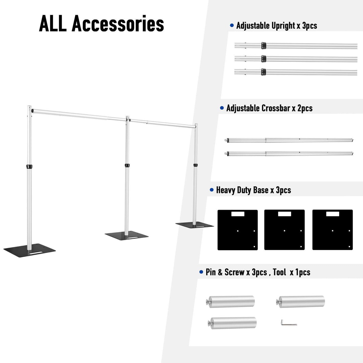 Hecis Heavy Duty Backdrop Stand, 10x20ft Pipe and Drape Stand Kit, Adjustable Decoration Stand, Back Drop Stand for Party Event, Trade Shows & Wedding Decor