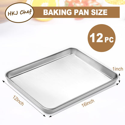 12 Pcs Baking Sheet Set, HKJ Chef Nonstick Stainless Steel Cookie Sheet Baking Pan and Baking Tray for Oven, Size 16 x 12 x 1 Inch, Non Toxic & Easy Clean & Heavy Duty
